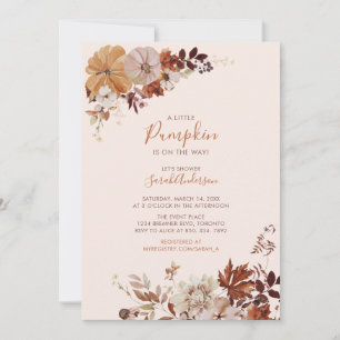 Rustieke Herfst Bloemige Pompoen Roze Baby Shower Kaart