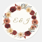 Rustieke herfst bruiloft ronde Sticker | Bourgondi (Voorkant)