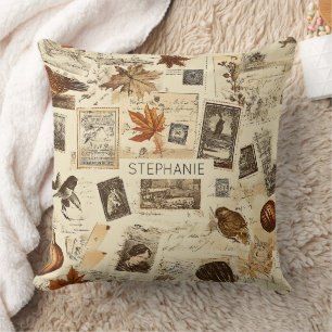 Rustieke herfst Ephemera Collage   warm aards Kussen