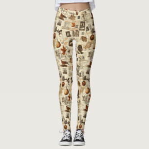 Rustieke herfst Ephemera Collage warm aards Leggings