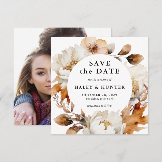 Rustieke Herfst Floral Bewaar de datum met foto Save The Date (Voorkant / Achterkant)