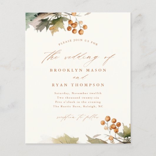Rustieke Herfst groen laat budget bruiloft uitnodi (Voorkant)