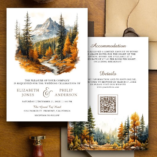 Rustieke herfst Herfst Bergbos QR Code Bruiloft Kaart