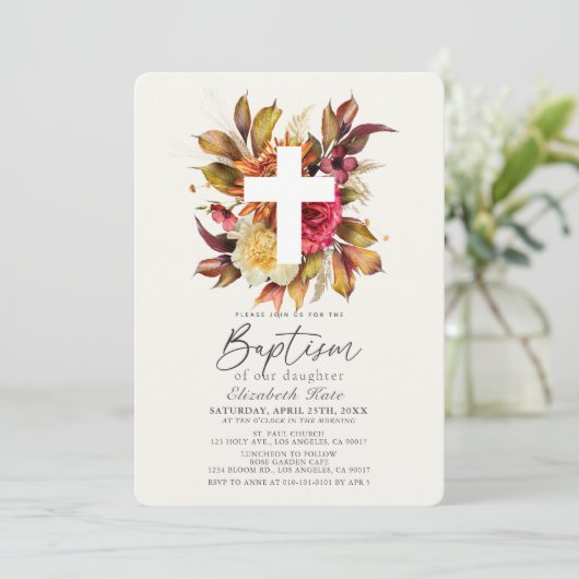 Rustieke Herfst Herfst Bloemen Witte Kruis Doop Kaart (Staand voorkant)