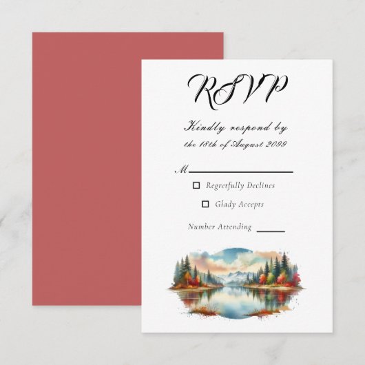 Rustieke herfst Lakeside Forest Wedding RSVP Kaartje (Voorkant / Achterkant)