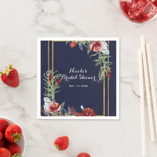 Rustieke Herfst Marsala Bloemen Navy Blauw Goud Br Servetten (Insitu)