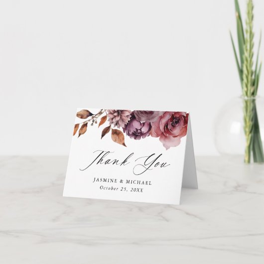 Rustieke herfst Marsala Bloemenbruiloft Bedankkaart (Voorkant)