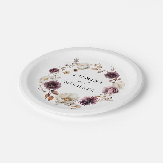 Rustieke herfst Marsala Floral krans bruiloft Papieren Bordje (Gekanteld)