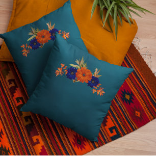 Rustieke Herfst Oranje Navy Blauwe Bloemen Kussen