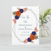 Rustieke Herfst Oranje Navy Blue Floral Wedding Save The Date (Staand voorkant)