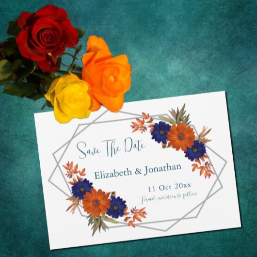 Rustieke Herfst Oranje Navy Blue Floral Wedding Save The Date