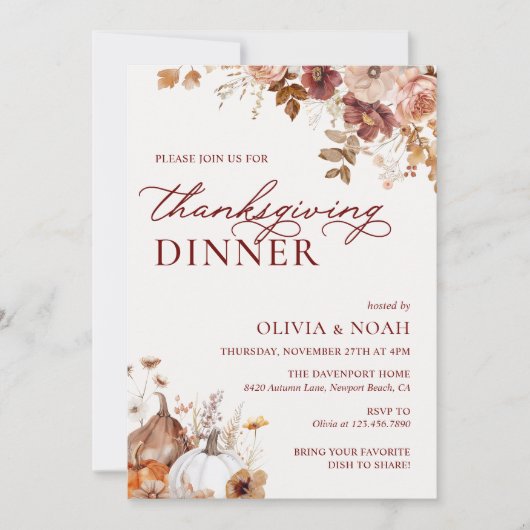 Rustieke Herfst Pompoen Bloemen Thanksgiving Diner Kaart (Voorkant)