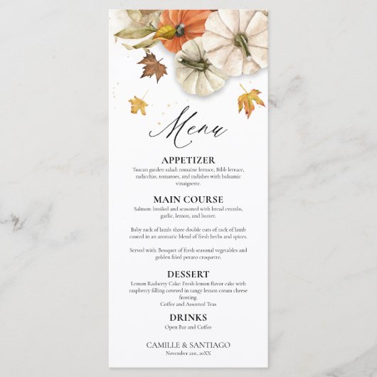 Rustieke Herfst pompoen bruiloft Menu (Voorkant)