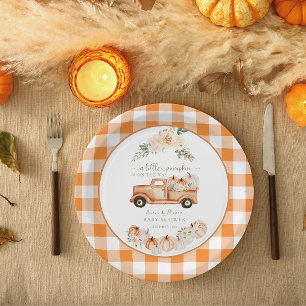 Rustieke Herfst Pompoen Wagen Geruite Baby Shower Papieren Bordje
