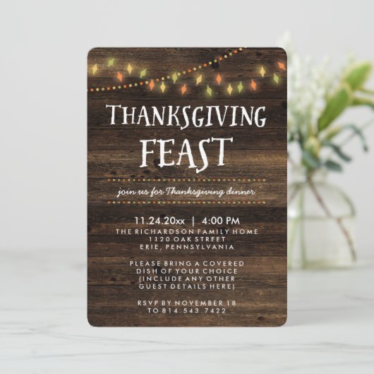 Rustieke Herfst String Lights en Hout Thanksgiving Kaart (Staand voorkant)