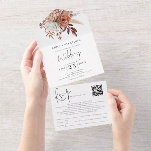 Rustieke Herfst Terracotta Rust Florals All In One Uitnodiging (Afscheurbaar)