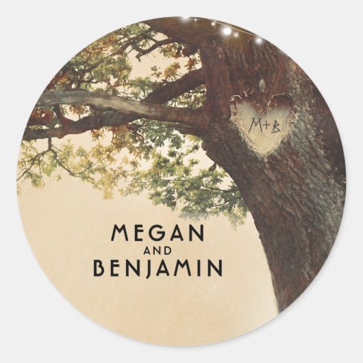 Rustieke Herfst Tree en String Lights Bruiloft Ronde Sticker (Voorkant)