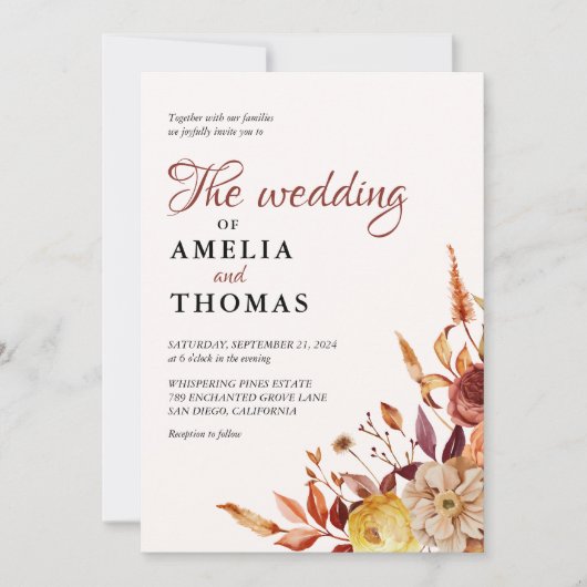 Rustieke Herfst Warm Waterverf Bloemen Boeket Huwe Kaart (Voorkant)