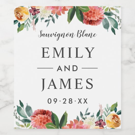 Rustieke Herfst Waterverf Bloemen Bruiloft Monogra Wijn Etiket (Enkel label)