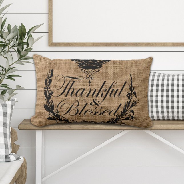 Rustieke herfst westerne land Burlap Wees dankbaar Kussen (rustic autumn western country burlap be thankful lumbar pillow)