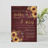 Rustieke Herfst Zonnebloem Bourgogne bruiloft uitn Kaart (Staand voorkant)