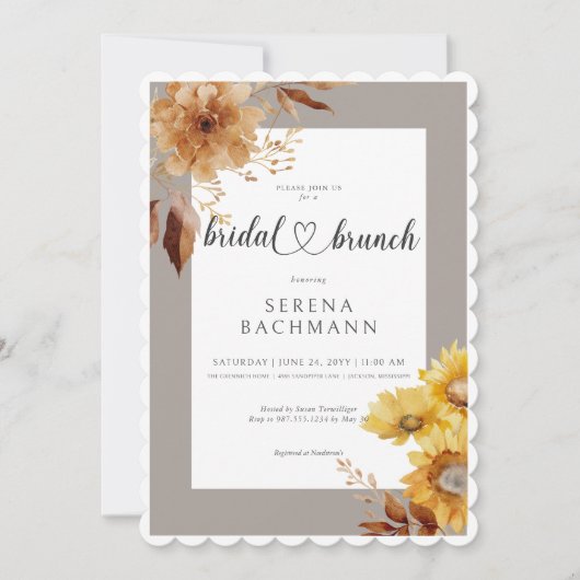 Rustieke herfst zonnebloem taupe wit bruids brunch kaart (Voorkant)