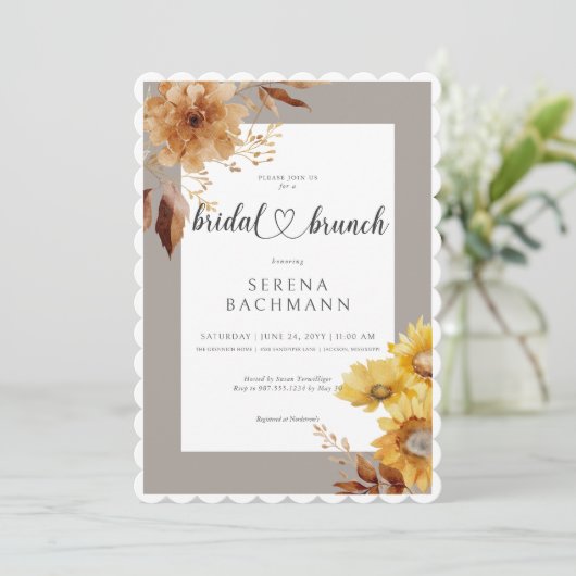 Rustieke herfst zonnebloem taupe wit bruids brunch kaart (Staand voorkant)