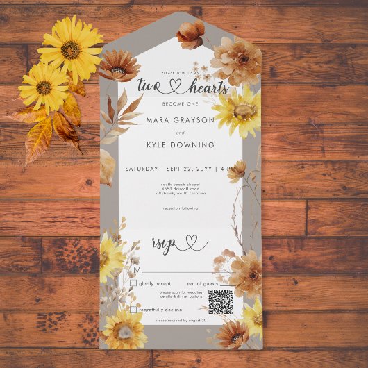 Rustieke Herfst Zonnebloem Taupe & Witte QR Code All In One Uitnodiging