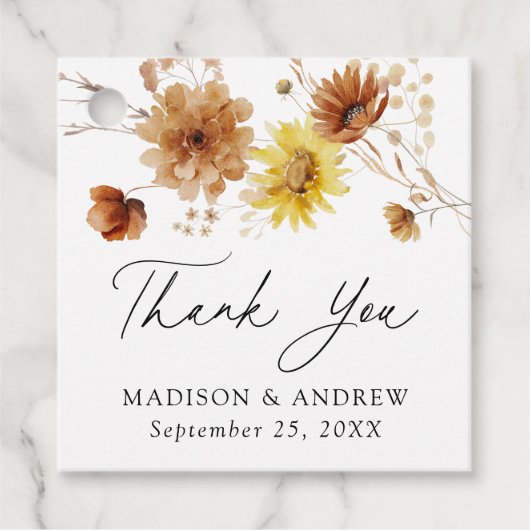 Rustieke herfst Zonnebloemen en Wildflowers Weddin Bedankjes Labels (Voorkant)