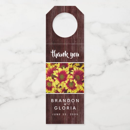 Rustieke herfst Zonnebloemen op hek Bruiloft Flessenhanger (Achterkant)