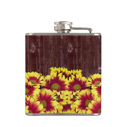 Rustieke herfst Zonnebloemen op hek Bruiloft Heupfles (Achterkant)