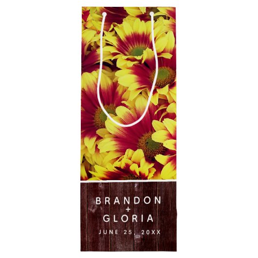 Rustieke herfst Zonnebloemen op hek Bruiloft Wijn Cadeautas (Achterkant)