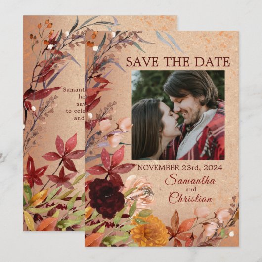 Rustieke herfstbloei Bourgondië Blush Foto Save The Date (Voorkant / Achterkant)