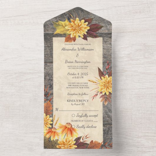 Rustieke herfstbloemen op hout all in one uitnodiging (Binnen)