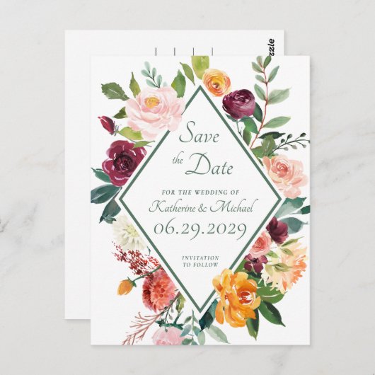 Rustieke herfstbloemen saliegroen save the date briefkaart (Voorkant / Achterkant)