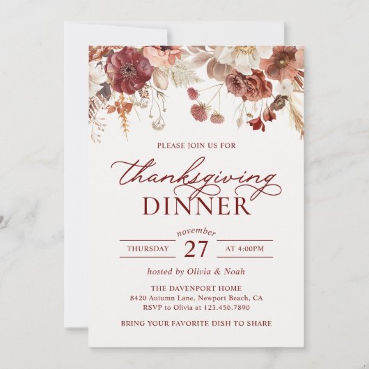 Rustieke herfstbordeaux Thanksgiving diner Kaart (Voorkant)