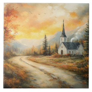 Rustieke herfstkerk aquarelschilderij tegeltje