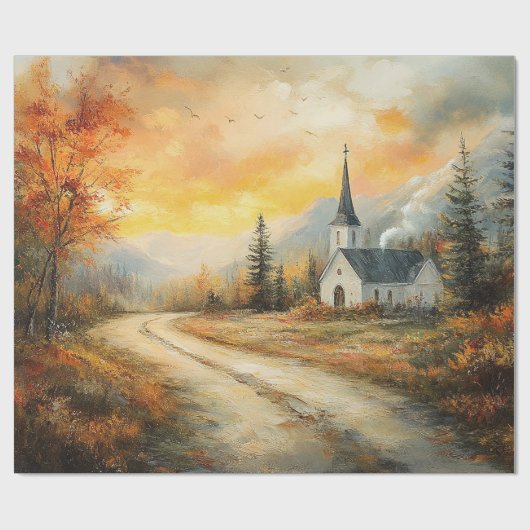 Rustieke Herfstkerk Waterverf Schilderij Decoupage Cadeaupapier (Vlak)