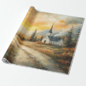 Rustieke Herfstkerk Waterverf Schilderij Decoupage Cadeaupapier (Uitgerold)