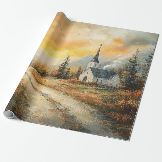 Rustieke Herfstkerk Waterverf Schilderij Decoupage Cadeaupapier (Uitgerold)