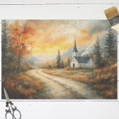 Rustieke Herfstkerk Waterverf Schilderij Decoupage Tissuepapier