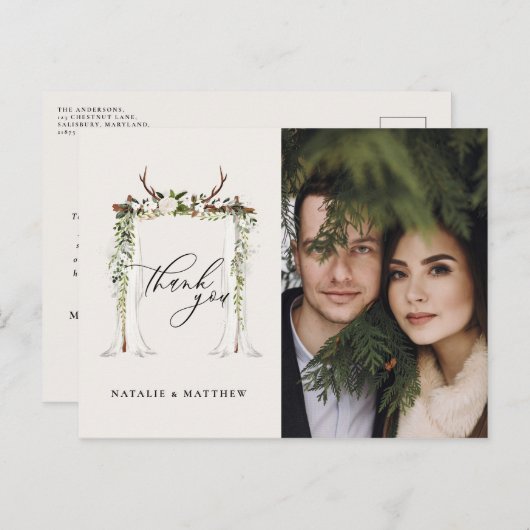 Rustieke hert en waterverf bloemenluifel bruiloft briefkaart (Voorkant / Achterkant)