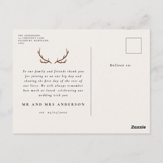 Rustieke hert en waterverf bloemenluifel bruiloft briefkaart (Achterkant)