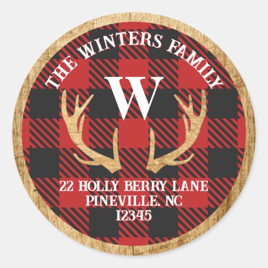 Rustieke herten gewei buffel geruite adreslabel ronde sticker (Voorkant)