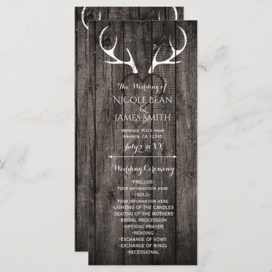Rustieke herten gewei & gesneden hart bruiloft pro programma (Voorkant / Achterkant)