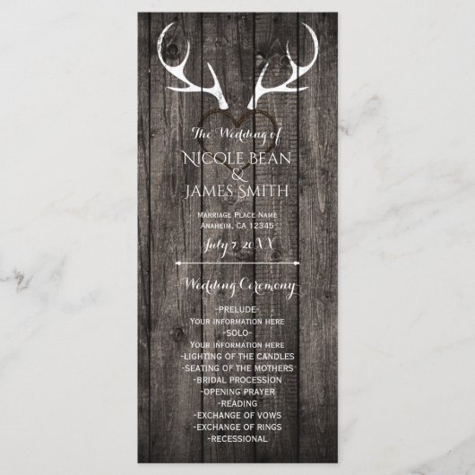 Rustieke herten gewei & gesneden hart bruiloft pro programma (Voorkant)