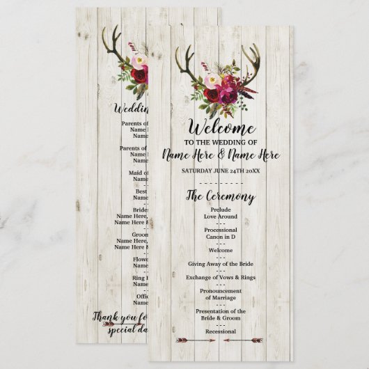 Rustieke hertenhoorn houten bloemen bloem bruiloft programma (Voorkant / Achterkant)