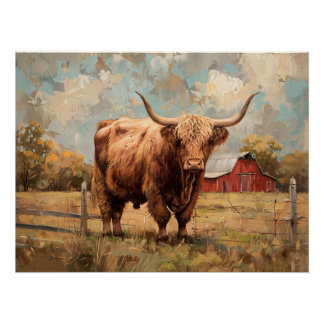 Rustieke Highland Koe en Barn Decoupage Perfect Poster