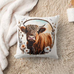 Rustieke Highland Koe en Wildflower Kussen