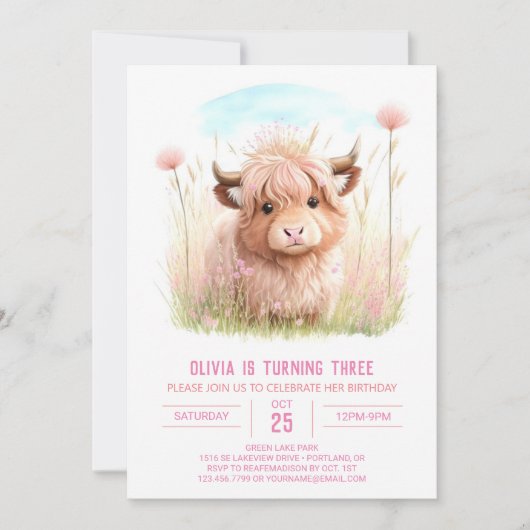 Rustieke Highland Koe Roze Feest Verjaardag Kaart (Voorkant)